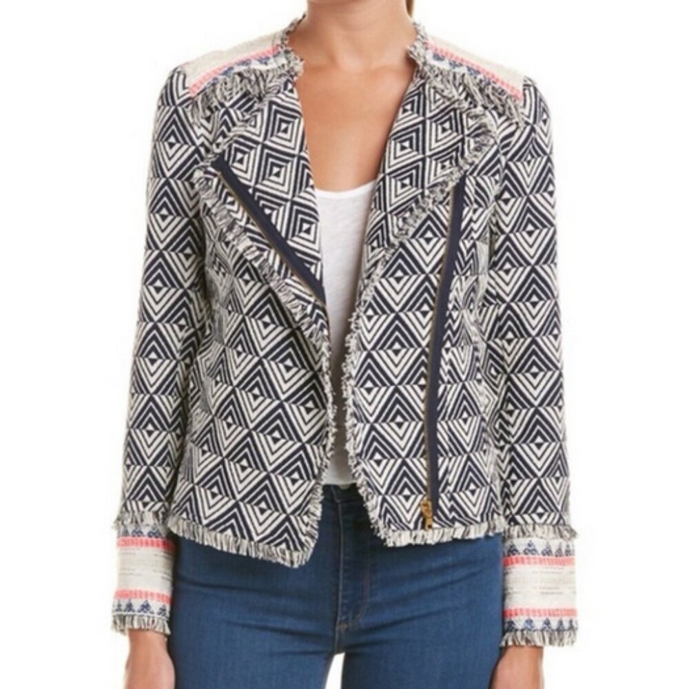TRINA TURK Tia Rent The Runway Navy White Fringe Bomber Jacket Blazer 2